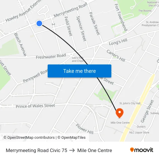 Merrymeeting Road Civic 75 to Mile One Centre map