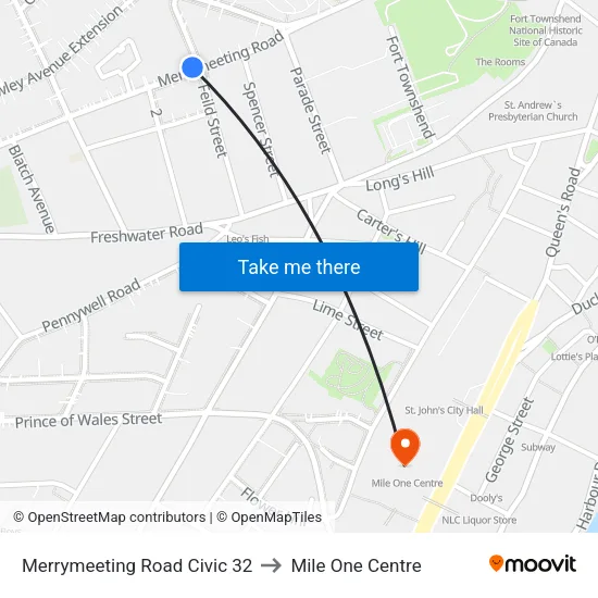 Merrymeeting Road Civic 32 to Mile One Centre map