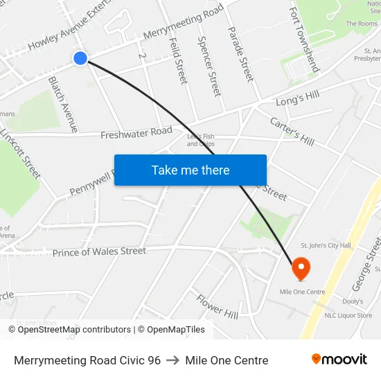 Merrymeeting Road Civic 96 to Mile One Centre map