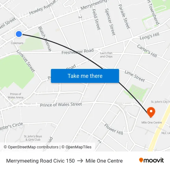 Merrymeeting Road Civic 150 to Mile One Centre map