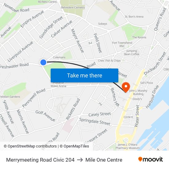 Merrymeeting Road Civic 204 to Mile One Centre map