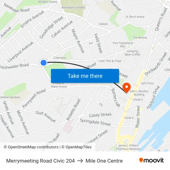 Merrymeeting Road Civic 204 to Mile One Centre map