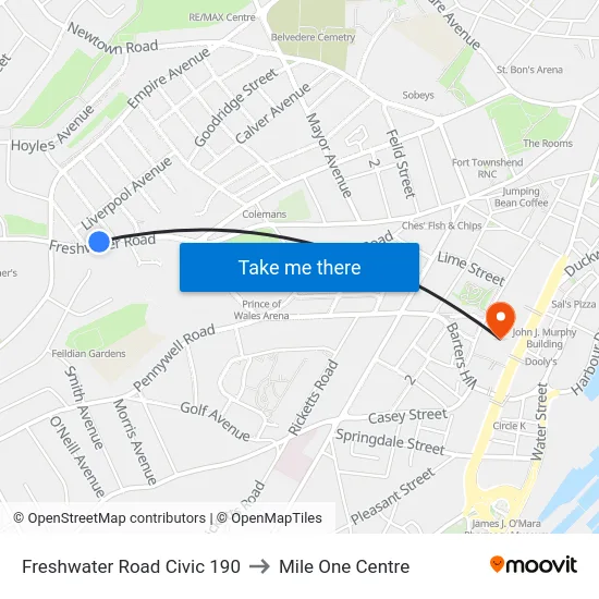 Freshwater Road Civic 190 to Mile One Centre map