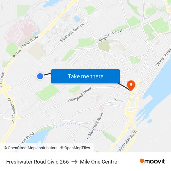 Freshwater Road Civic 266 to Mile One Centre map