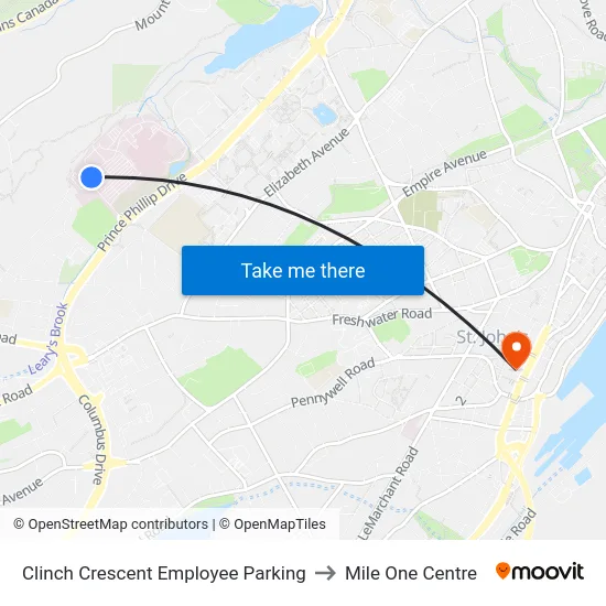 Clinch Crescent Employee Parking to Mile One Centre map