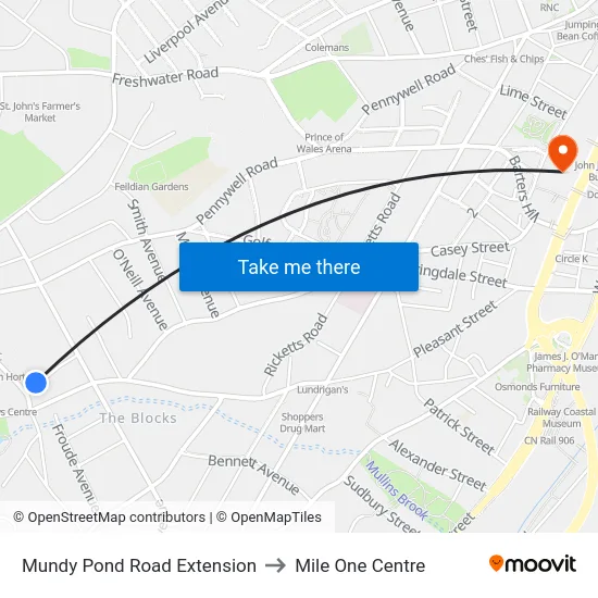 Mundy Pond Road Extension to Mile One Centre map