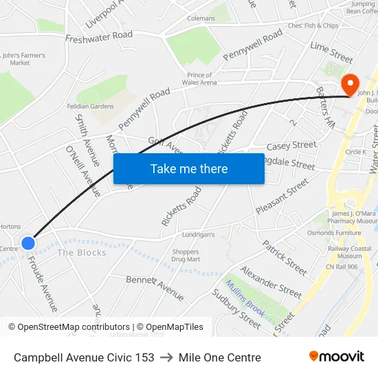Campbell Avenue Civic 153 to Mile One Centre map