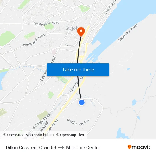 Dillon Crescent Civic 63 to Mile One Centre map