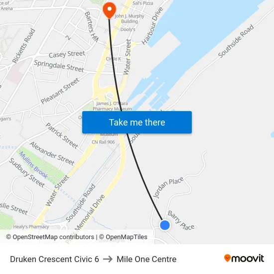 Druken Crescent Civic 6 to Mile One Centre map