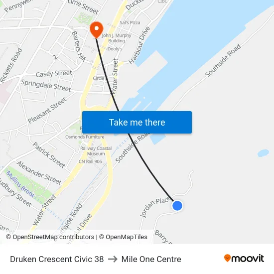 Druken Crescent Civic 38 to Mile One Centre map