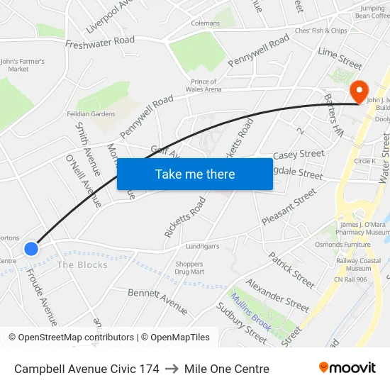 Campbell Avenue Civic 174 to Mile One Centre map
