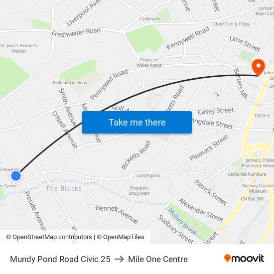 Mundy Pond Road Civic 25 to Mile One Centre map