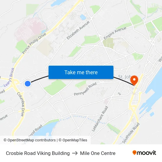 Crosbie Road Viking Building to Mile One Centre map