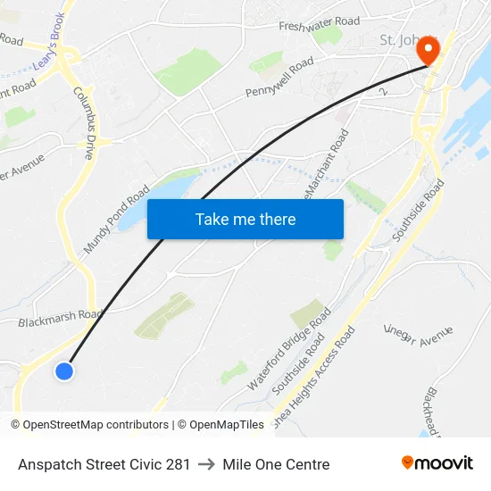 Anspatch Street Civic 281 to Mile One Centre map