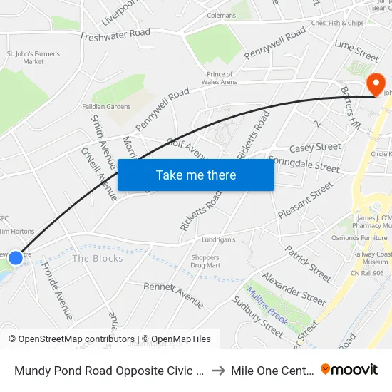 Mundy Pond Road Opposite Civic 40 to Mile One Centre map