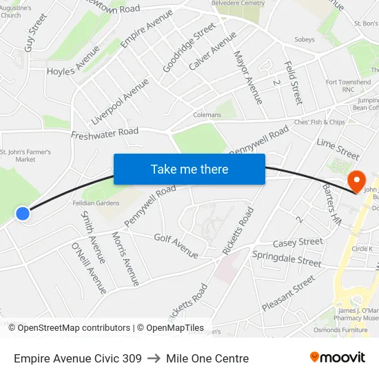 Empire Avenue Civic 309 to Mile One Centre map