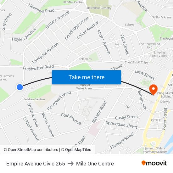 Empire Avenue Civic 265 to Mile One Centre map