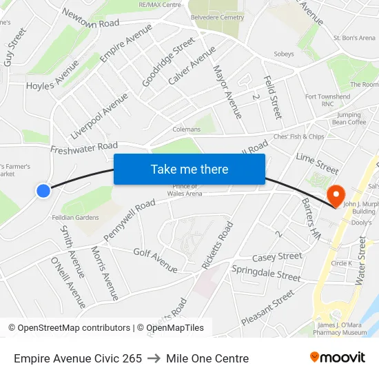 Empire Avenue Civic 265 to Mile One Centre map