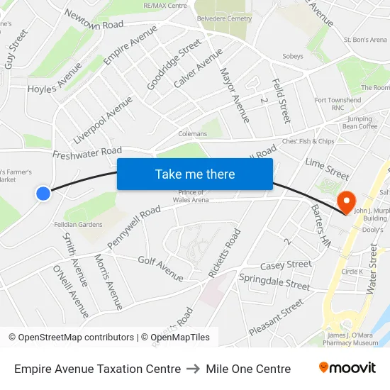 Empire Avenue Taxation Centre to Mile One Centre map