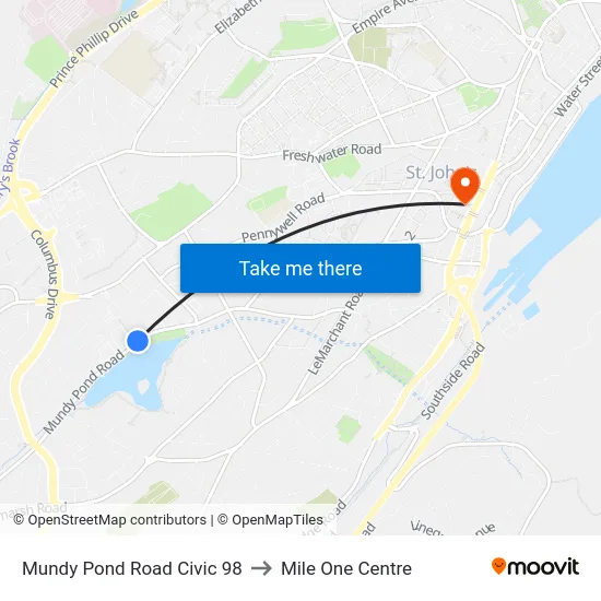 Mundy Pond Road Civic 98 to Mile One Centre map