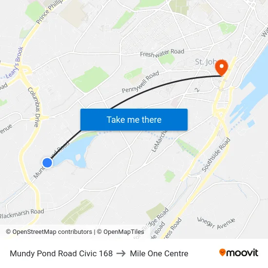 Mundy Pond Road Civic 168 to Mile One Centre map