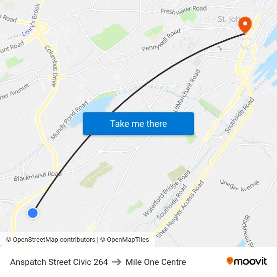 Anspatch Street Civic 264 to Mile One Centre map