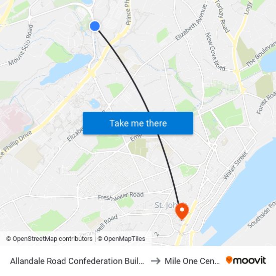 Allandale Road Confederation Building to Mile One Centre map