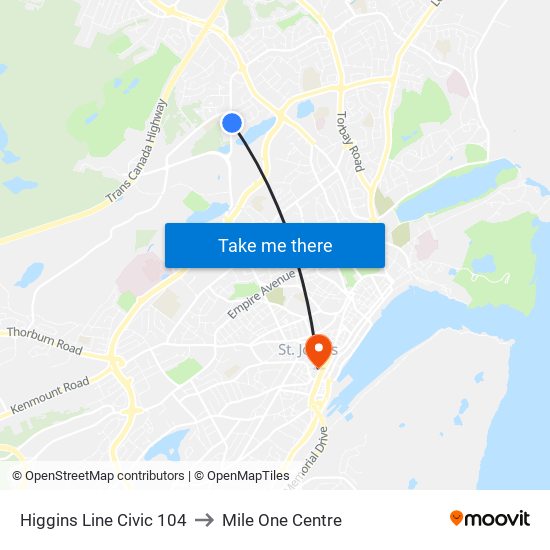 Higgins Line Civic 104 to Mile One Centre map