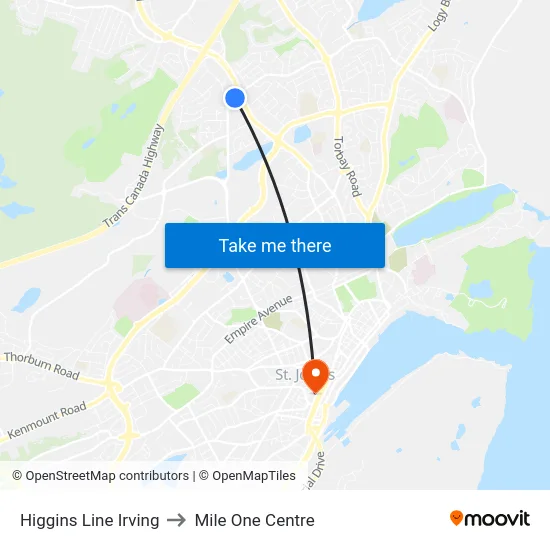 Higgins Line Irving to Mile One Centre map