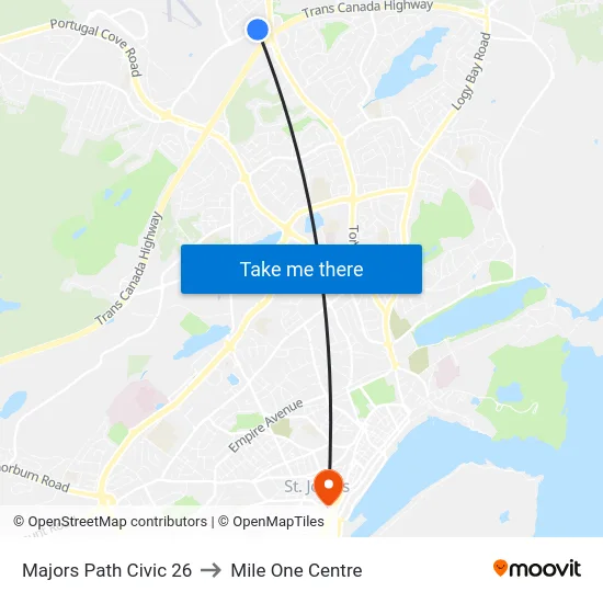Majors Path Civic 26 to Mile One Centre map