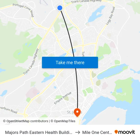 Majors Path Eastern Health Building to Mile One Centre map