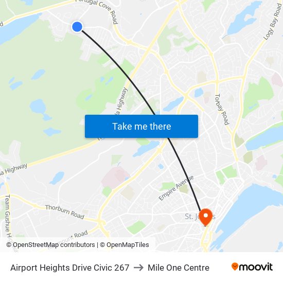 Airport Heights Drive Civic 267 to Mile One Centre map