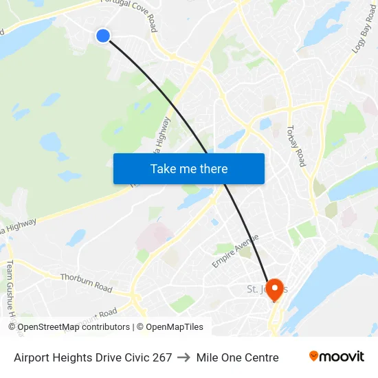 Airport Heights Drive Civic 267 to Mile One Centre map