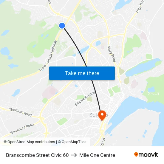 Branscombe Street Civic 60 to Mile One Centre map