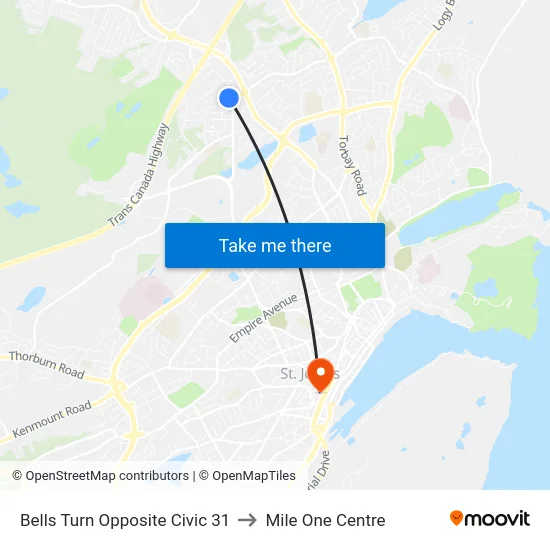 Bells Turn Opposite Civic 31 to Mile One Centre map