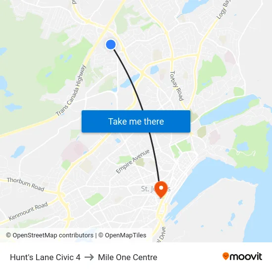 Hunt's Lane Civic 4 to Mile One Centre map