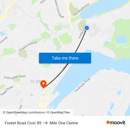Forest Road Civic 89 to Mile One Centre map