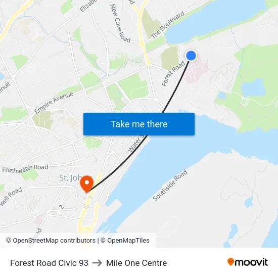 Forest Road Civic 93 to Mile One Centre map
