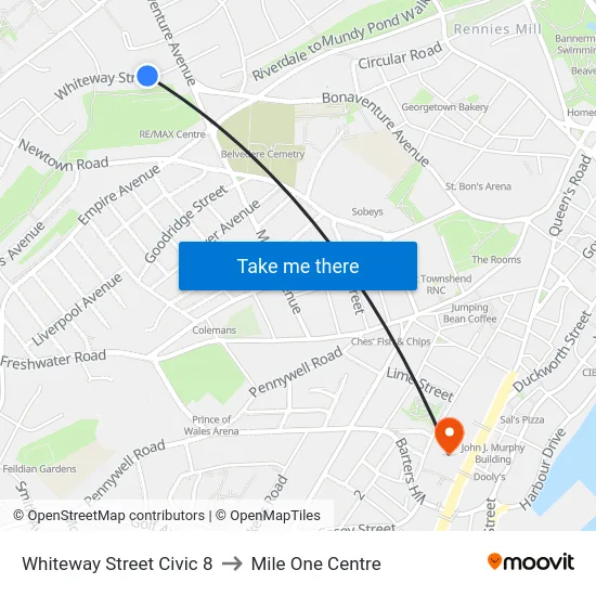 Whiteway Street Civic 8 to Mile One Centre map