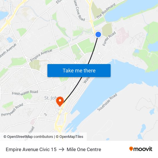 Empire Avenue Civic 15 to Mile One Centre map