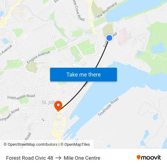 Forest Road Civic 48 to Mile One Centre map