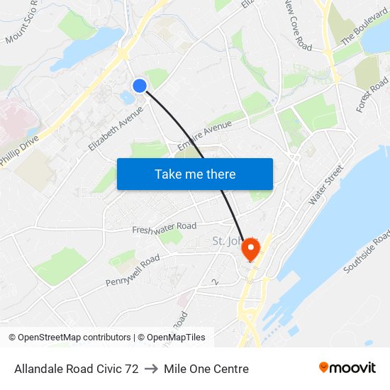 Allandale Road Civic 72 to Mile One Centre map