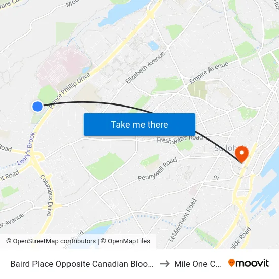 Baird Place Opposite Canadian Blood Services to Mile One Centre map