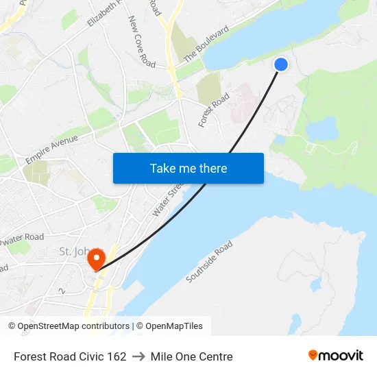 Forest Road Civic 162 to Mile One Centre map