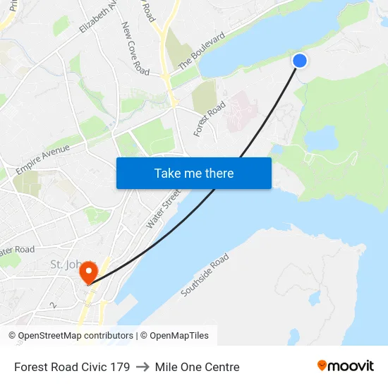 Forest Road Civic 179 to Mile One Centre map