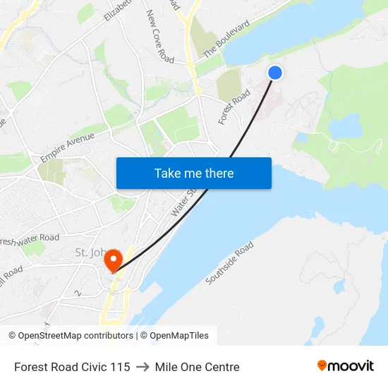 Forest Road Civic 115 to Mile One Centre map