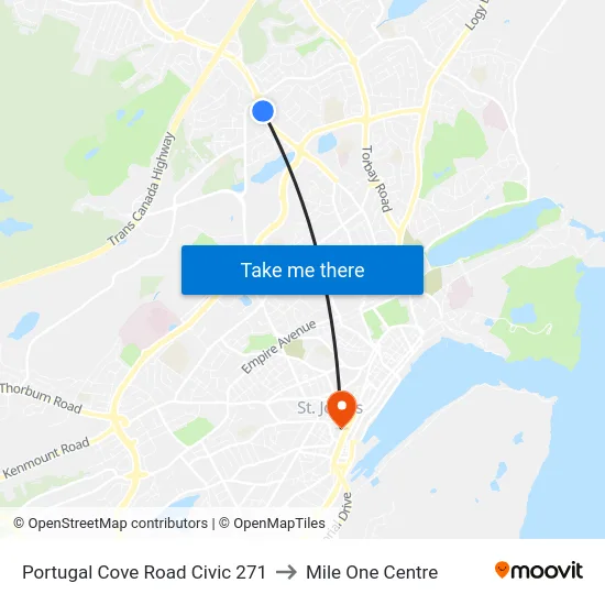 Portugal Cove Road Civic 271 to Mile One Centre map