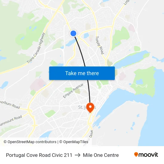 Portugal Cove Road Civic 211 to Mile One Centre map