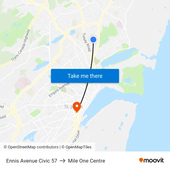 Ennis Avenue Civic 57 to Mile One Centre map