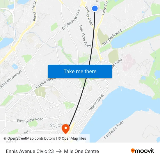 Ennis Avenue Civic 23 to Mile One Centre map